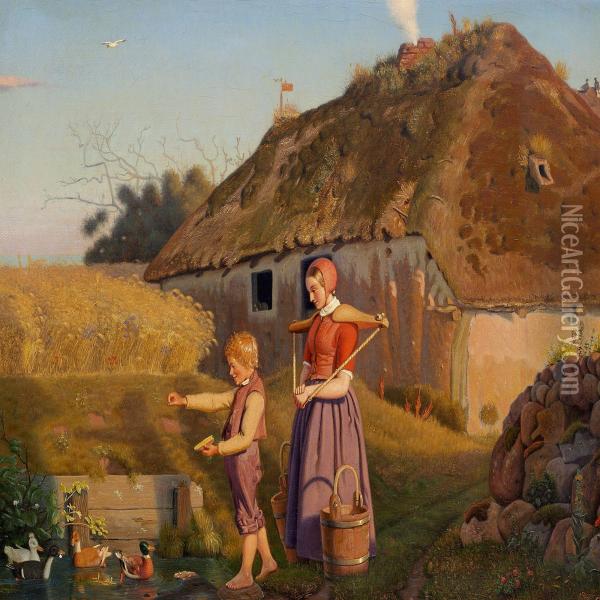 Pastoral Scene With A Little Boy Feeding The Ducks Oil Painting - Christen Dalsgaard