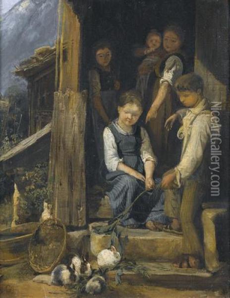 Enfants Donnant A Manger A Des Lapins Oil Painting - Karl Girardet