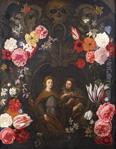 Blumengirlande Um Eine Kartusche Mit Zwei Martyrerinnen Oil Painting - Daniel Seghers