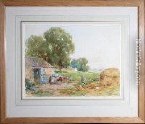 A Farmyard With A Farm Girl Feeding A Calf Oil Painting - James Edgar Mitchell