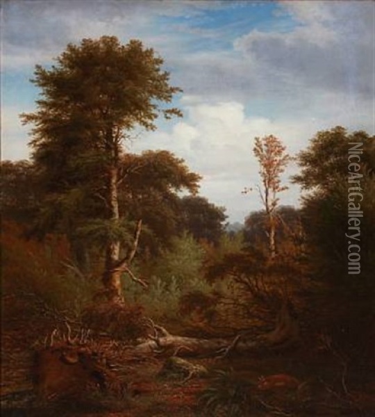 Forest Scene With Tall Trees Oil Painting - Peter (Johann P.) Raadsig