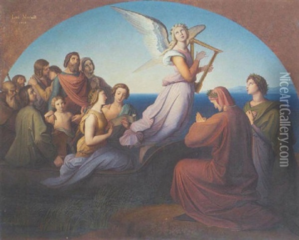 Der Dichter Dante Auf Dem Weg Zum Irdischen Paradies: Szene Aus Dante Alighieris Divina Commedia Oil Painting - Willy Moralt