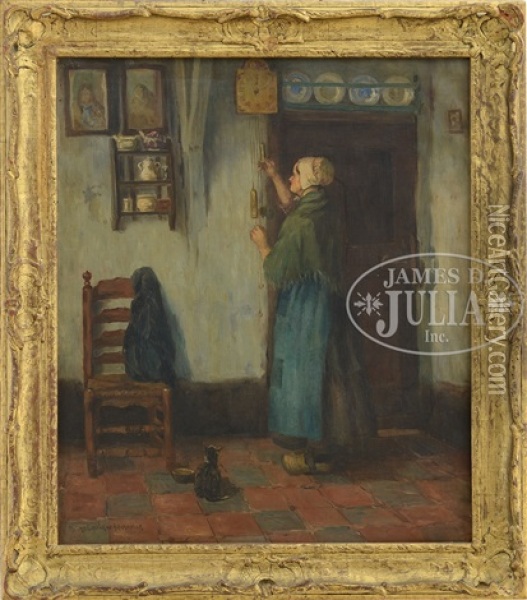 Dutch Woman And Cat In Interior Oil Painting - Melbourne H. Hardwick