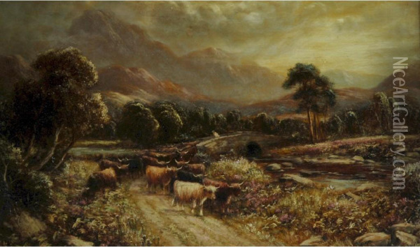 Upland Landscape With Cattle Oil Painting - Robert John Hammond