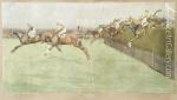 The Grand National; No. 4 The 
Canal Turn & No. 2 Beecher'sbrook & No. 3 Valentines. Oil Painting - Cecil Charles Aldin