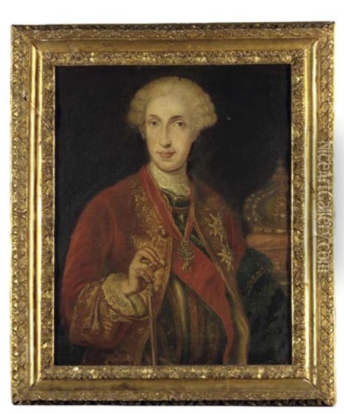 Portrait Of King Carlo Vii Of Naples, Subsequently King Carlos Iii Of Spain, In A Red Coat With Gold Trimmings Over A Breastplate, Wearing The Order Of The Golden Fleece, His Crown Beside Him Oil Painting - Giuseppe Bonito