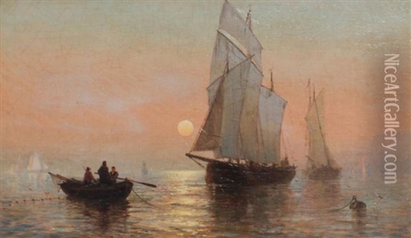 Harbor Scene At Sunrise With Boat And Fisherman Oil Painting - Julian O. Davidson
