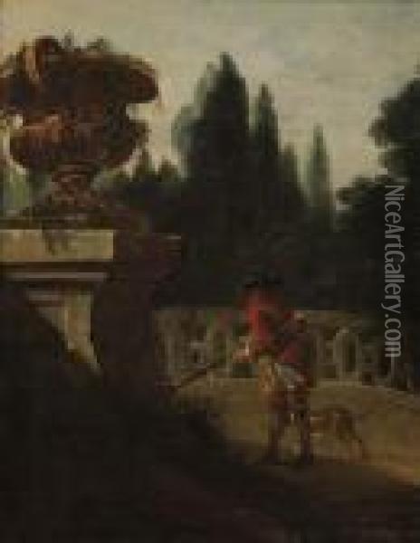 Chasseur Et Son Chien Devant Une Balustrade Oil Painting - Johann Elias Ridinger or Riedinger