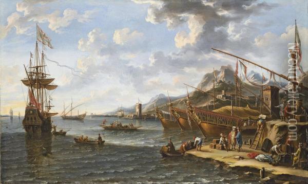 A Mediterranean Harbour With Turks And Orientals Bringing Goods Ashore, Three Galleys And A Man-o'-war At Anchor Oil Painting - Lorenzo A. Castro