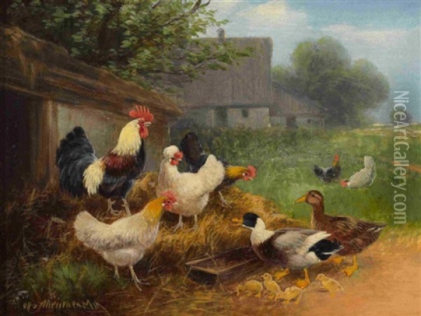 Huhner Und Enten Oil Painting - Otto Scheuerer
