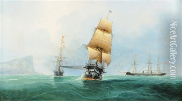 Dampfschiffe Und Segelschiff Auf Rauher See Oil Painting - Cheri Francois Marguerite Dubreuil