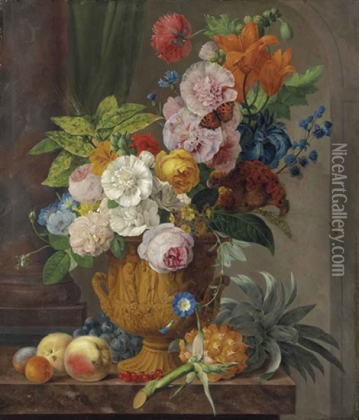 Roses, Lilies, A Sheaf Of Wheat, Morning Glories And Other Flowers In A Sculpted Urn... Oil Painting - Anthony Oberman