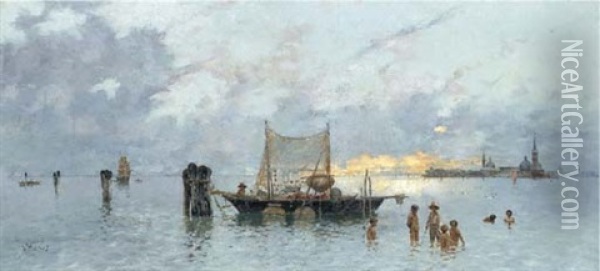Young Boys Bathing In A Venetian Lagoon Oil Painting - Antonio Maria de Reyna Manescau