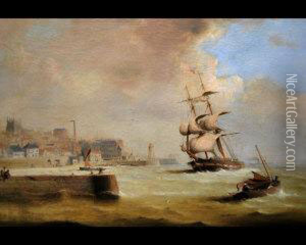 C. Coastal Harbour Scene With A 
Frigate Entering Port And A Distant Steamship And Other Shipping Oil Painting - George Chambers