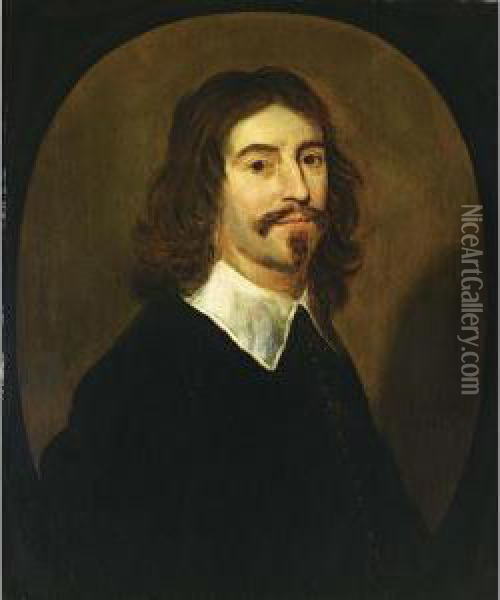 A Portrait Of A Gentleman, Bust Length, Wearing A Black Suit With White Collar, In A Painted Oval Oil Painting - Willem van Honthorst