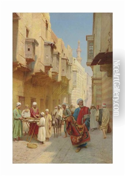 A Cairo Street Scene, With A Khubz Bread Seller, A Rug Merchant And A Water Seller Oil Painting - Filippo Bartolini