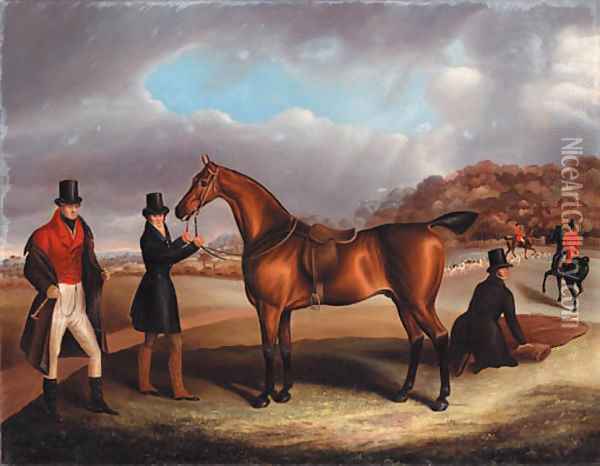 Lord George Bentinck with his favourite hunter, and grooms, in a landscape with a hunt beyond Oil Painting - Samuel Spode