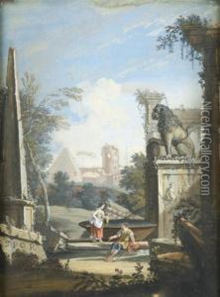 Figures Amid Roman Ruins Oil Painting - Charles Louis Clerisseau