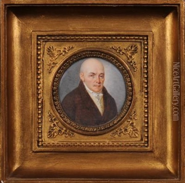 Portrait Of A Gentleman, Head And Shoulders With Close Cropped Hair And Brown Eyes Wearing A Brown Coat, Yellow Waistcoat And White Neckerchief Oil Painting - Louis Alexandre