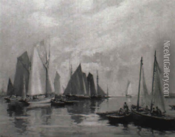 Boats In A Harbour Oil Painting - Henri Alphonse Barnoin