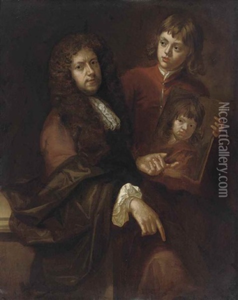 Double Portrait Of A Gentleman And A Young Boy, Possibly The Artist's Husband Charles Beale (1631-1705) And One Of Their Sons, Three-quarter-length, The Former Seated In An Orange Coat With A Brown Wrap Beside A Ledge, The Latter Standing In A Red Coat, H Oil Painting - Mary Beale