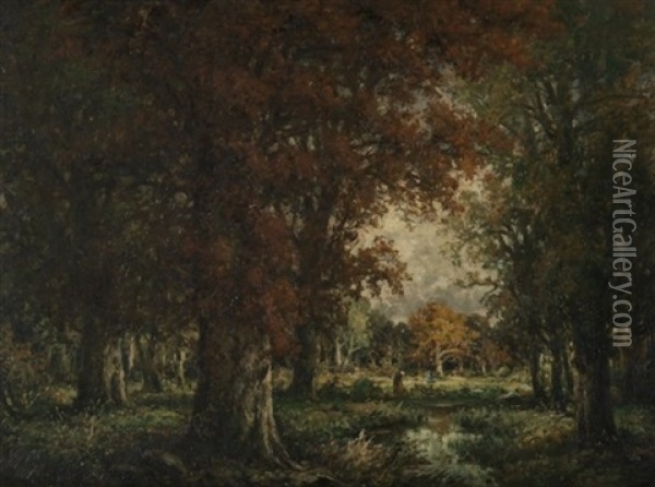 Grosse Herbstlandschaft Mit Personenstaffage An Einem Tumpel Oil Painting - Louis Arthur Rollin