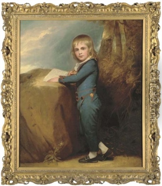 Portrait Of Master Tennant, Full-length, In A Blue Suit With Gold Buttons And Red Trim, Sketching On A Rock, In A Landscape Oil Painting - George Romney