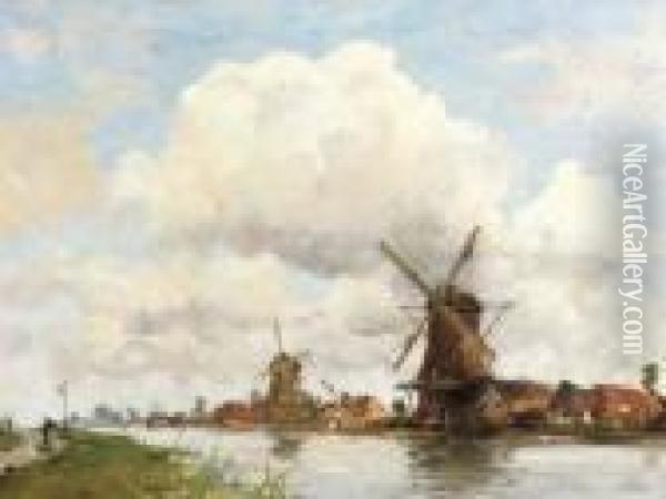 Aan De Rivier: Windmills Along A River On A Summer Day Oil Painting - Hobbe Smith