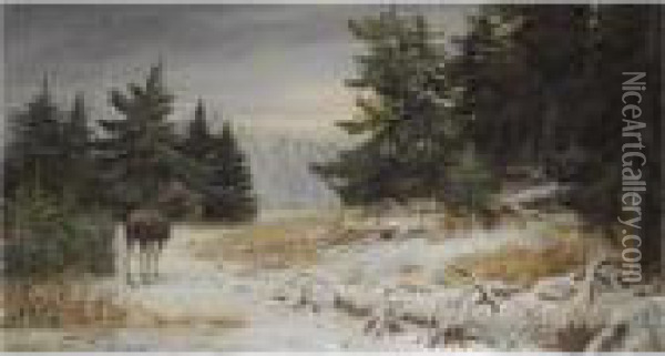 Elk In A Winter Landscape Oil Painting - Aleksi Stepanovich Stepanov