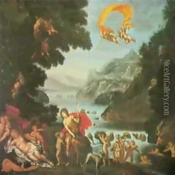 Venus Und Adonis Der Junge Jager Wird Von Amoretten Zu      Der Schlanfenden Gottin Gefuh-rt Oil Painting - Francesco Albani