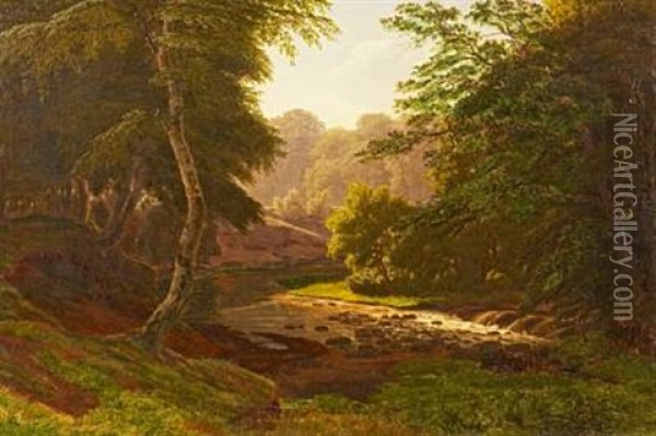 Forest Landscape With A Stream Oil Painting - Gotfred Christian Rump