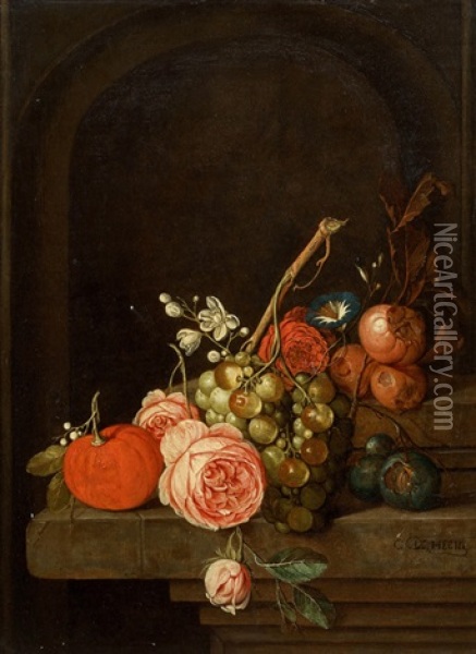 Stilleben Mit Blumen Und Fruchten Auf Einem Steinpodest Oil Painting - Cornelis De Heem