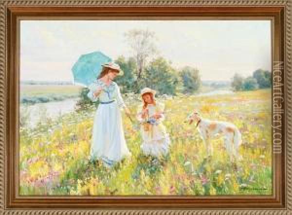 Nicolajevich Averin: Summer Atmosphere By The River Klazma Outside Moscow. Signed Averin Oil Painting - Alexander Nikolaevich Sprevitch