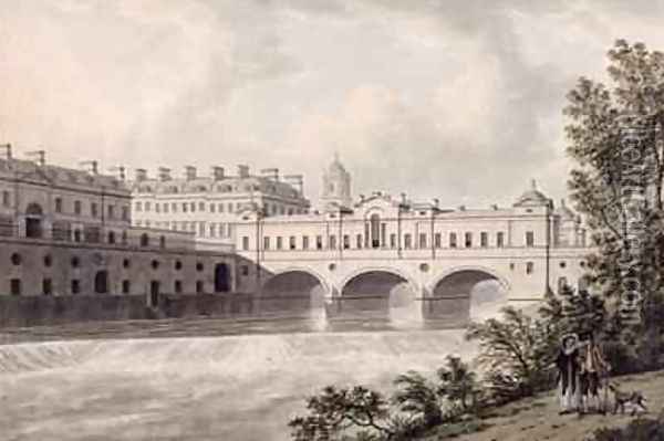 Pulteney Bridge Bath from the River 1785 Oil Painting - Thomas Malton, Jnr.
