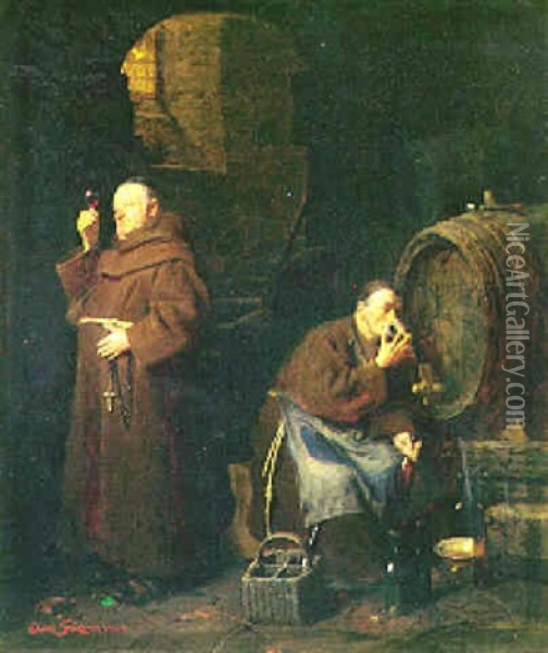 Zwei Moenche Bei Der Weinprobe Oil Painting - Eduard von Gruetzner