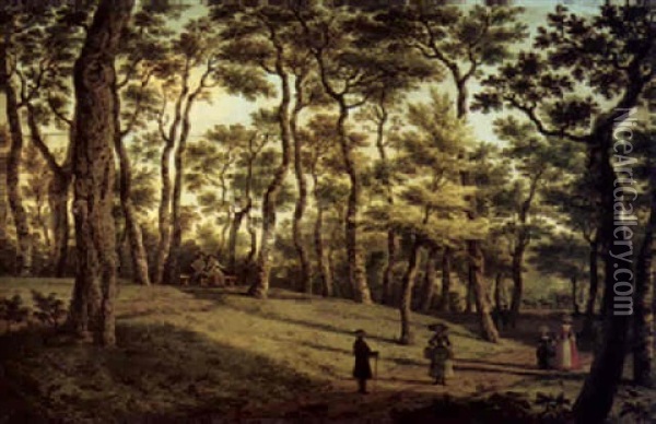 Figures Strolling In A Wooded Landscape Oil Painting - Paulus Constantijn la (La Fargue) Fargue