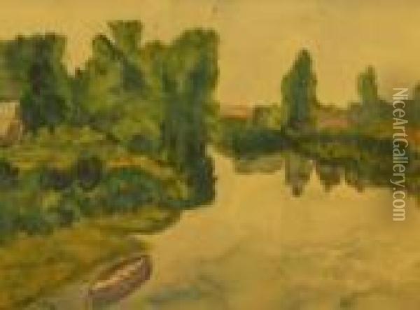 Wooded River Landscape With Boat And Cottage Oil Painting - Albert Lebourg