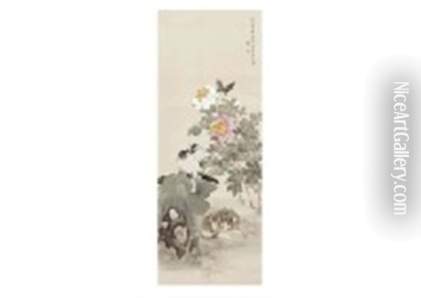 Peony, Moth And Cat Oil Painting - Kono Naotoyo Bairei
