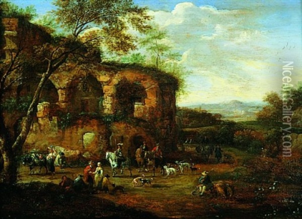 Ruines Antiques Animees De Cavaliers Et De Personnages (in Collab. With Adraen-frans Boudewyns) Oil Painting - Pieter Bout
