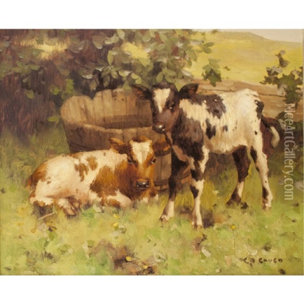 Calves By A Water Butt Oil Painting - David Gauld