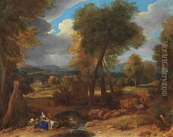 Klassisk Landskab Med Den Hellige Familie, Der Holder Hvil Pa Flugten Til Egypten Oil Painting - Nicolas Poussin