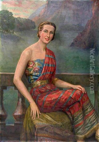 Portret Kobiety Na Tle Pejzazu, 1936 R. Oil Painting - Roman Kawecki