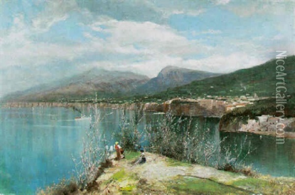 Village On An Italian Bay With Figures On An Outcrop Oil Painting - Oscar Ricciardi