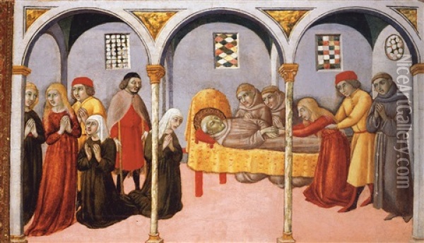 Donna Perna Being Cured On Approaching Saint Bernardino's Body Oil Painting -  Sano di Pietro