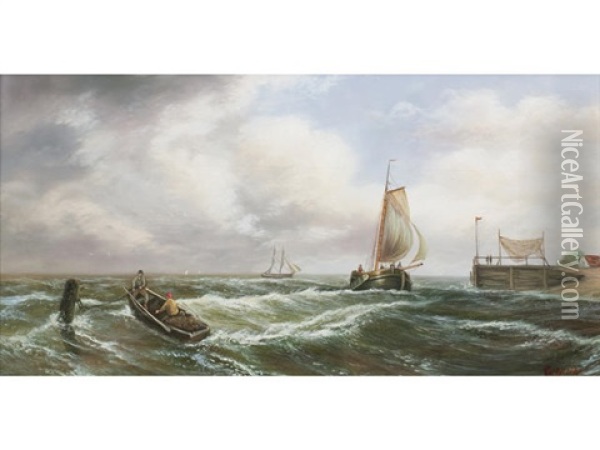 Mooring In Rough Seas (+ Another; Pair) Oil Painting - Alexandre Thomas Francia