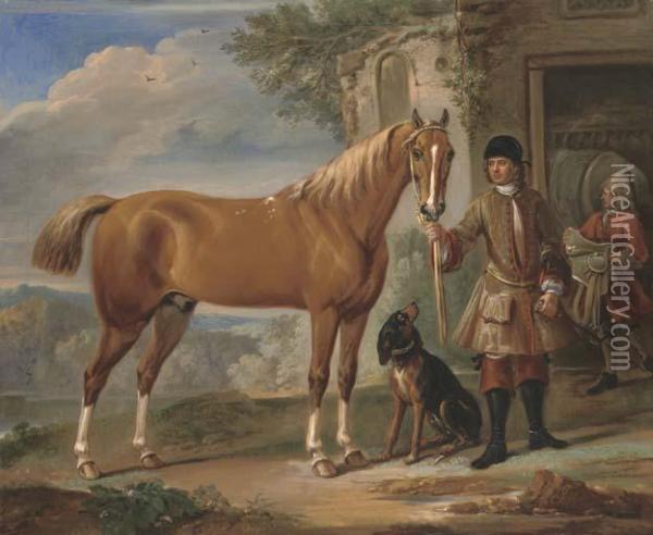 John Shafto Of Bavington Hall, 
And Whitworth Hall, Northumberland,holding A Hunter, In A Landscape With
 A Groom And Stablebeyond Oil Painting - John Wootton