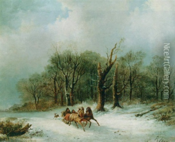 A Winter Landscape With Figures On A Horse-drawn Sledge Oil Painting - Remigius Adrianus van Haanen