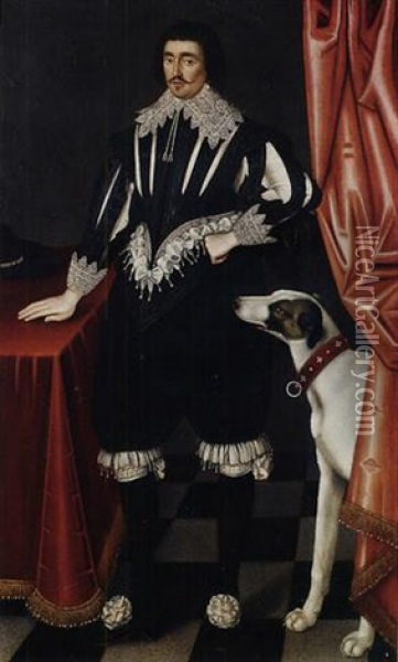 Portrait Of A Gentleman, (george Villiers, Duke Of Buckingham?), In A Black Slashed Doublet And Hose, With Lace Collar And Cuffs, His Right Hand Resting On A Table Oil Painting - John Souch