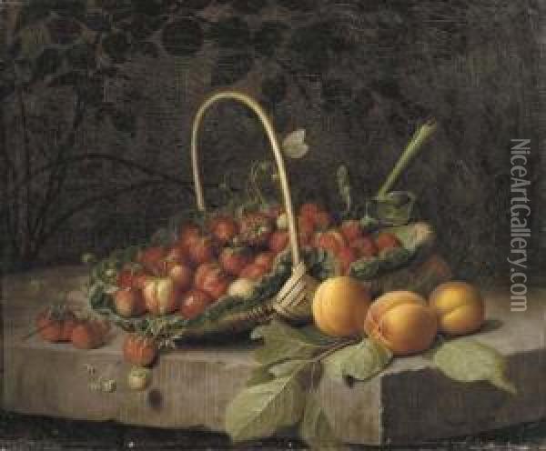 A Basket Of Strawberries And Peaches On A Stone Ledge Oil Painting - William Hammer