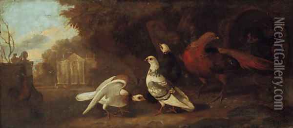 Pigeons, pheasants, and other birds in a wooded landscape, a classical facade beyond, an overdoor Oil Painting - Pieter Casteels